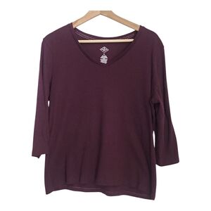 St John's Bay Women's V Neck  3/4 Long Sleeve Cotton T-Shirt  Maroon Size XL
